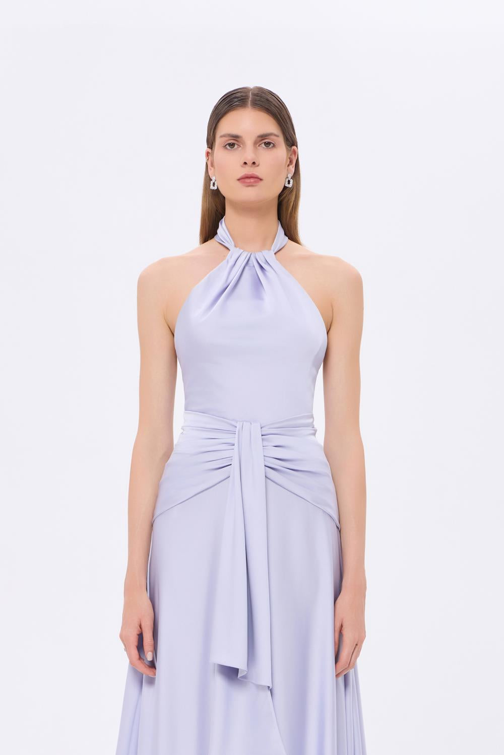 Long Evening Dress with Neck Straps and Waist Drape Detail - 9253C