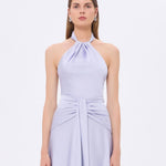 Long Evening Dress with Neck Straps and Waist Drape Detail - 9253C