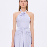 Long Evening Dress with Neck Straps and Waist Drape Detail - 9253C
