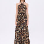 Leopard Patterned Long Evening Dress with Neck Straps - 9266C