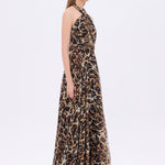 Leopard Patterned Long Evening Dress with Neck Straps - 9266C