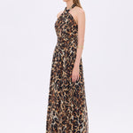 Leopard Patterned Long Evening Dress with Neck Straps - 9266C