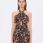 Leopard Patterned Long Evening Dress with Neck Straps - 9266C