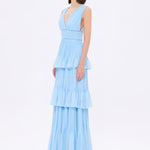 V-Neck Volan Chiffon Long Evening Dress - 9274C