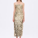 Askılı Yırtmaçlı Payet Midi Abiye Elbise - 9276C - GOLD