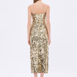 Askılı Yırtmaçlı Payet Midi Abiye Elbise - 9276C - GOLD