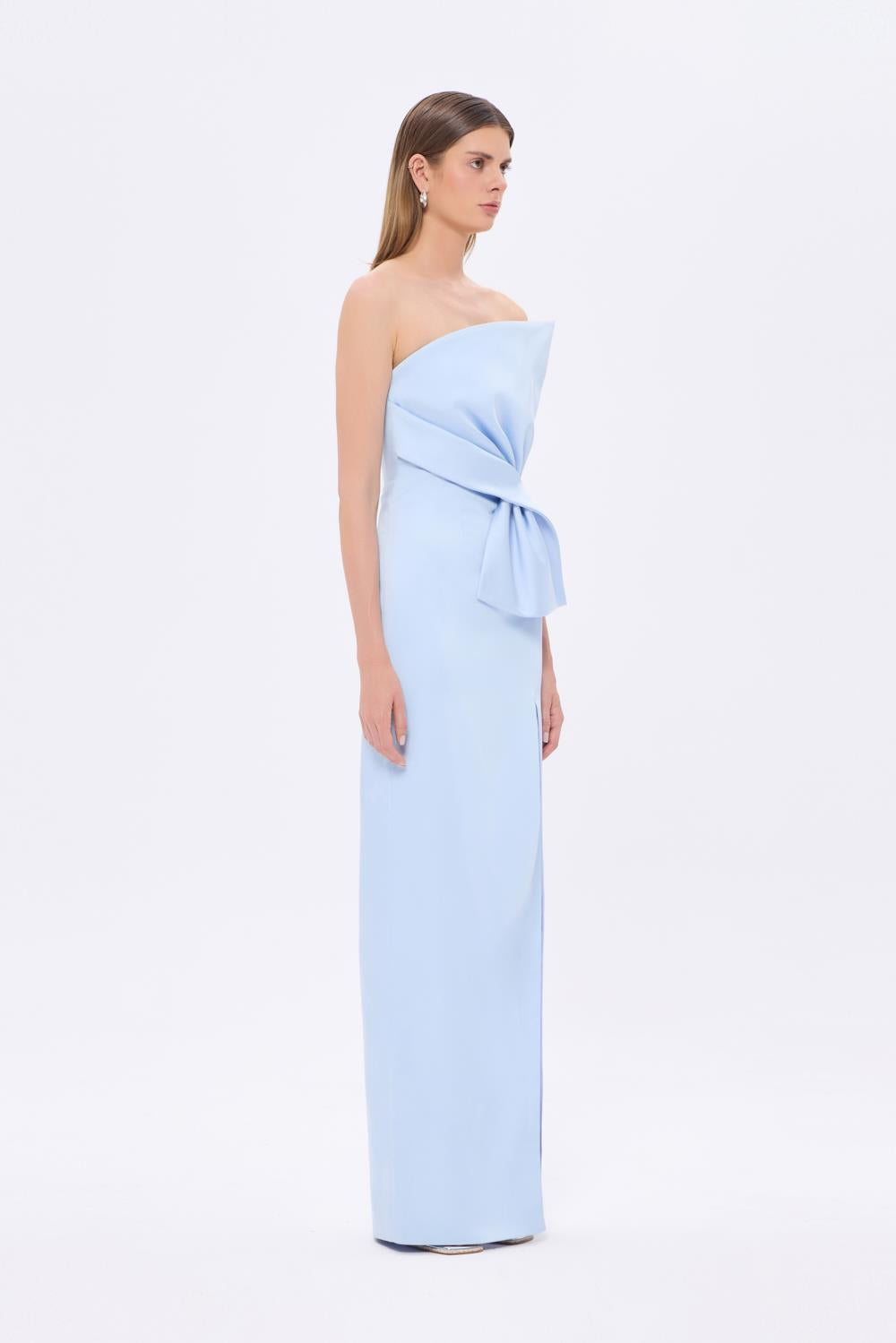 Strapless Collar Slit Satin Long Evening Dress - 9281C