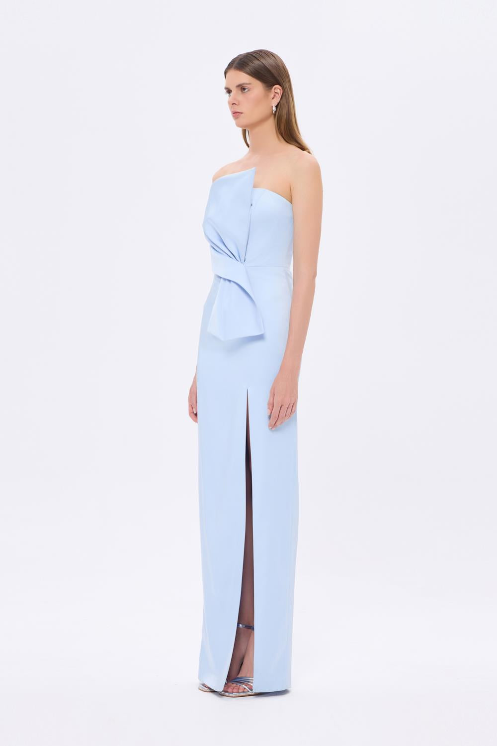 Strapless Collar Slit Satin Long Evening Dress - 9281C