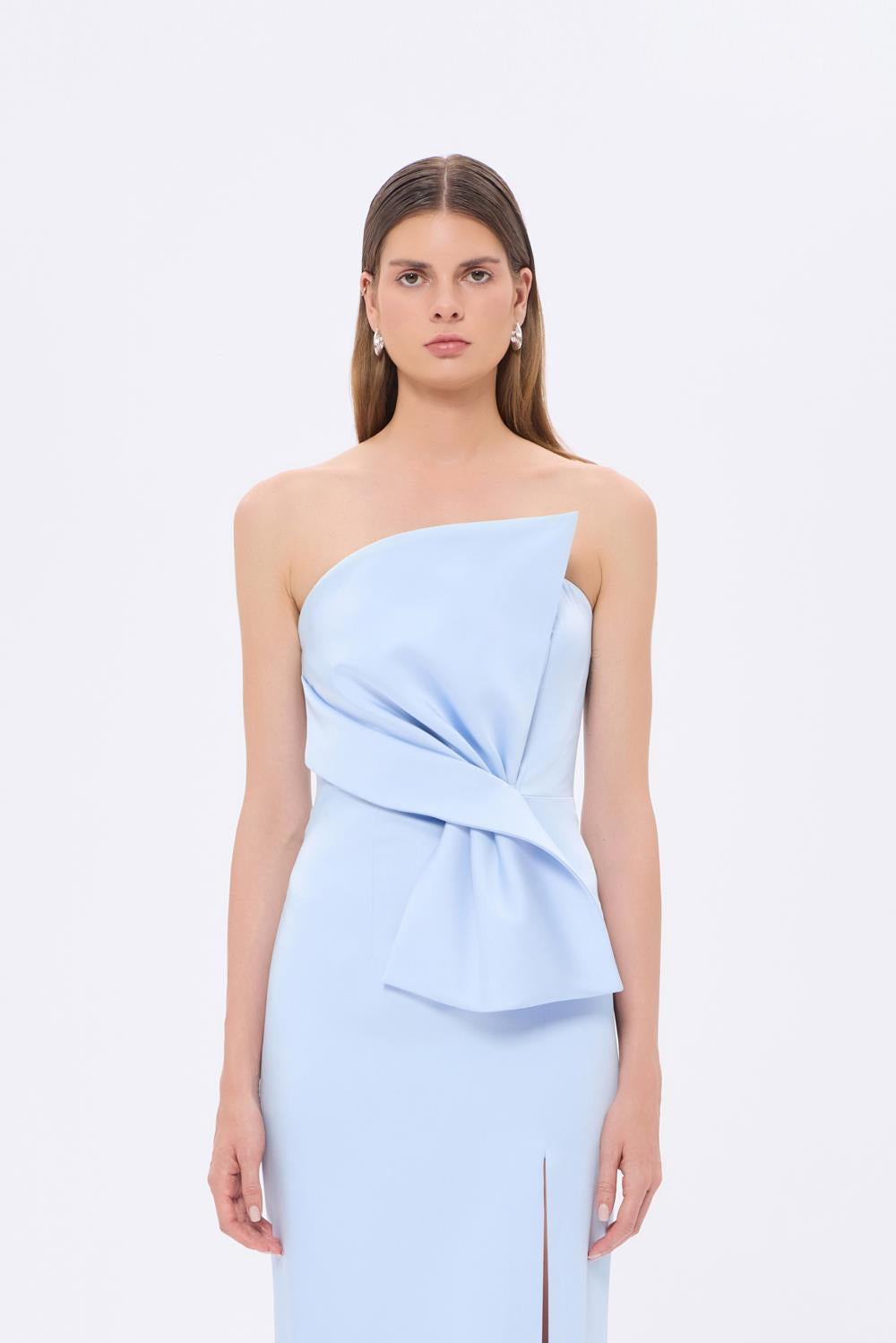 Strapless Collar Slit Satin Long Evening Dress - 9281C