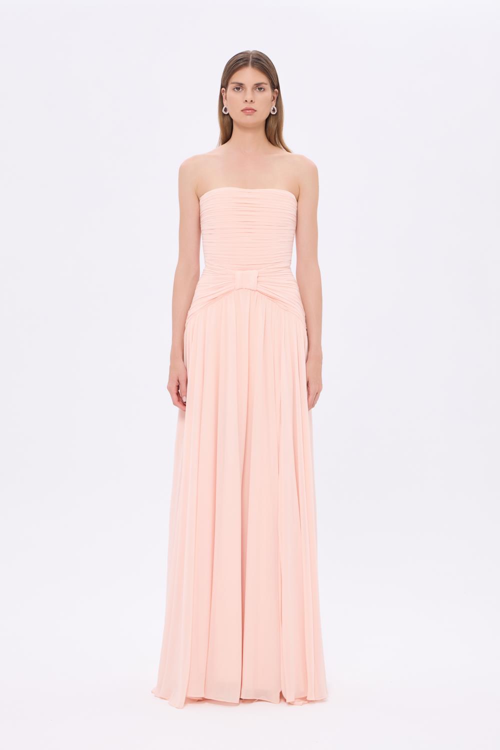 Strapless Collar Waist Draped Chiffon Long Evening Dress - 9288C