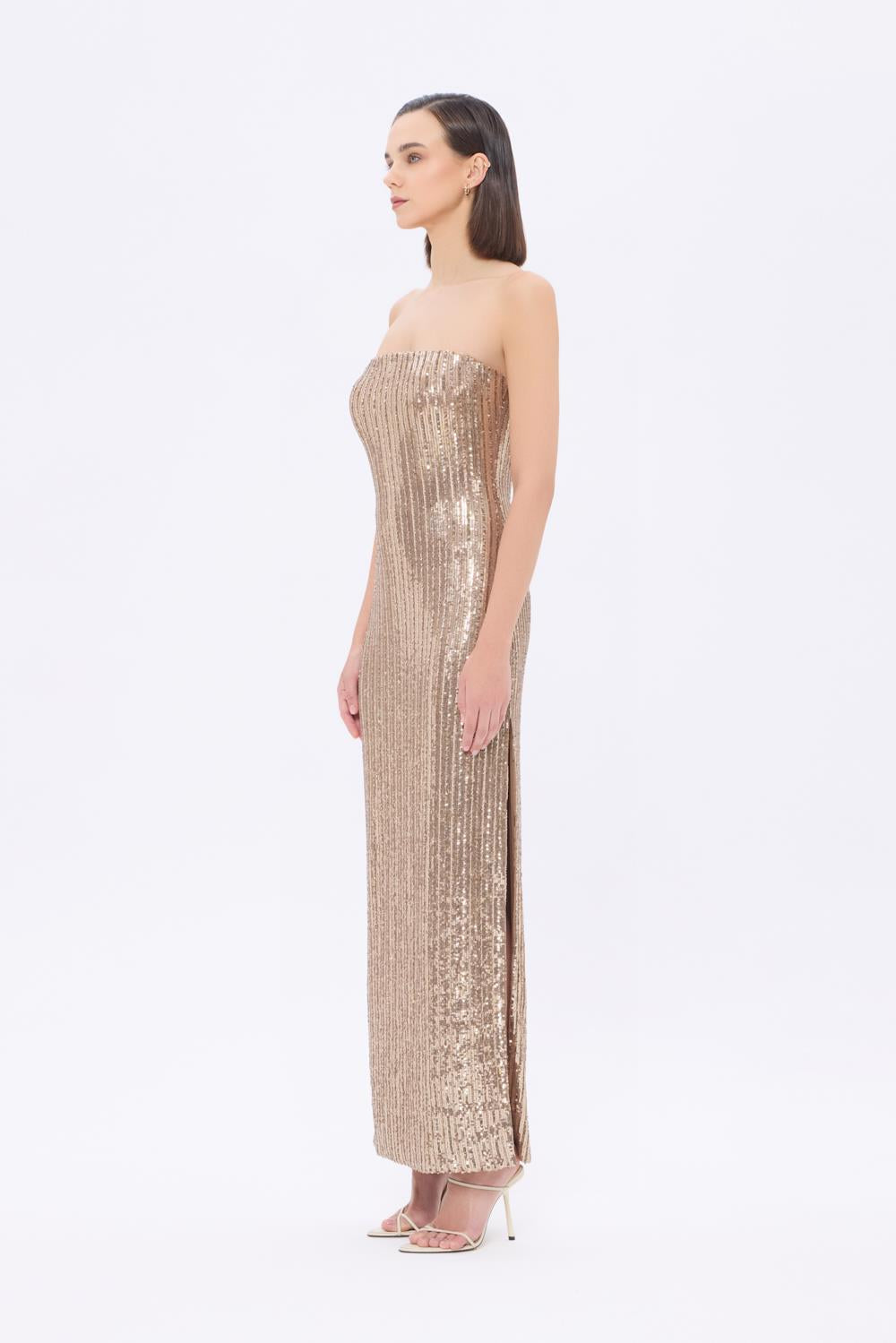 Strapless Neckline Slit Sequin Long Evening Dress - 9293C