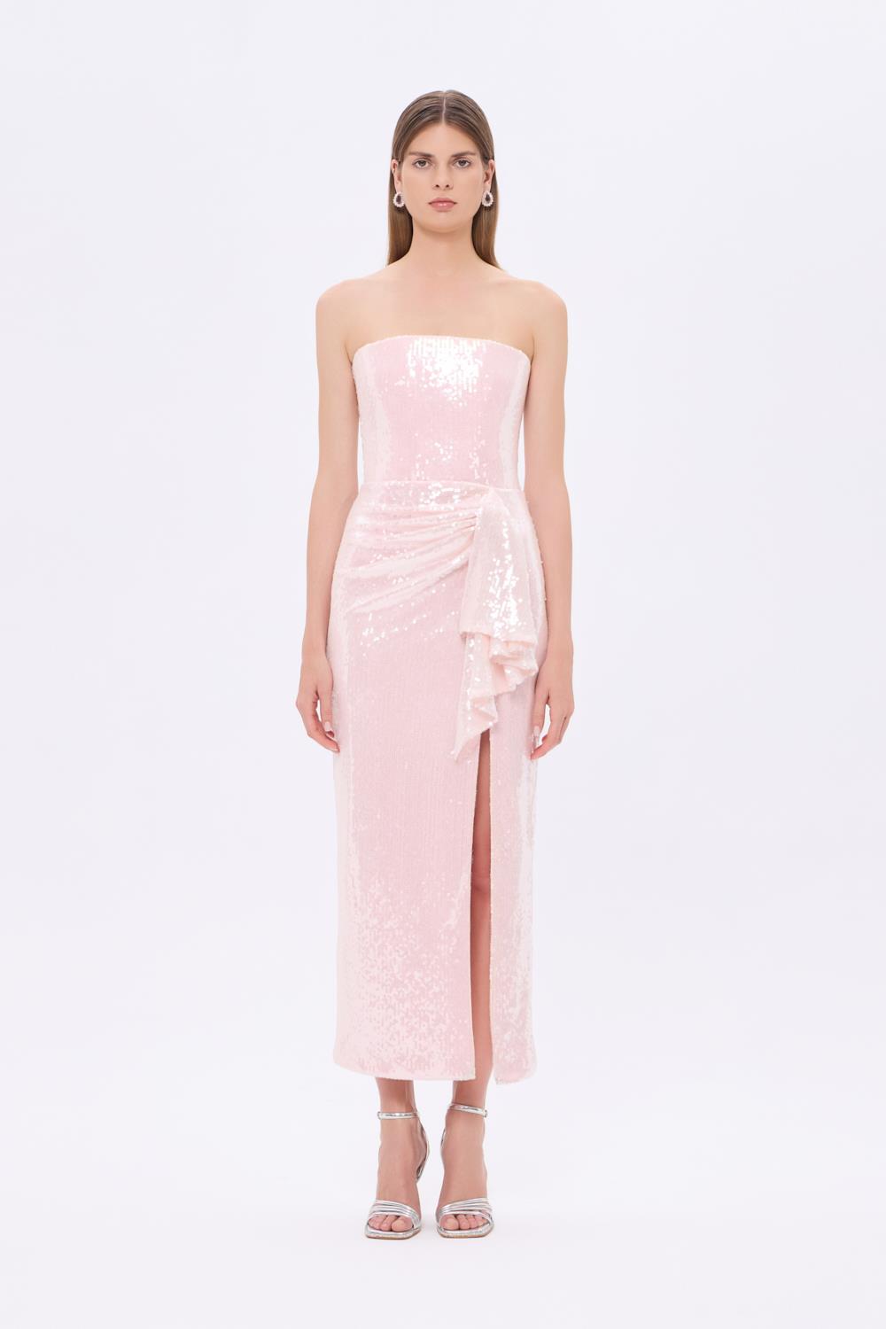 Strapless Midi Evening Dress with Waist Drape Detail - 9295C