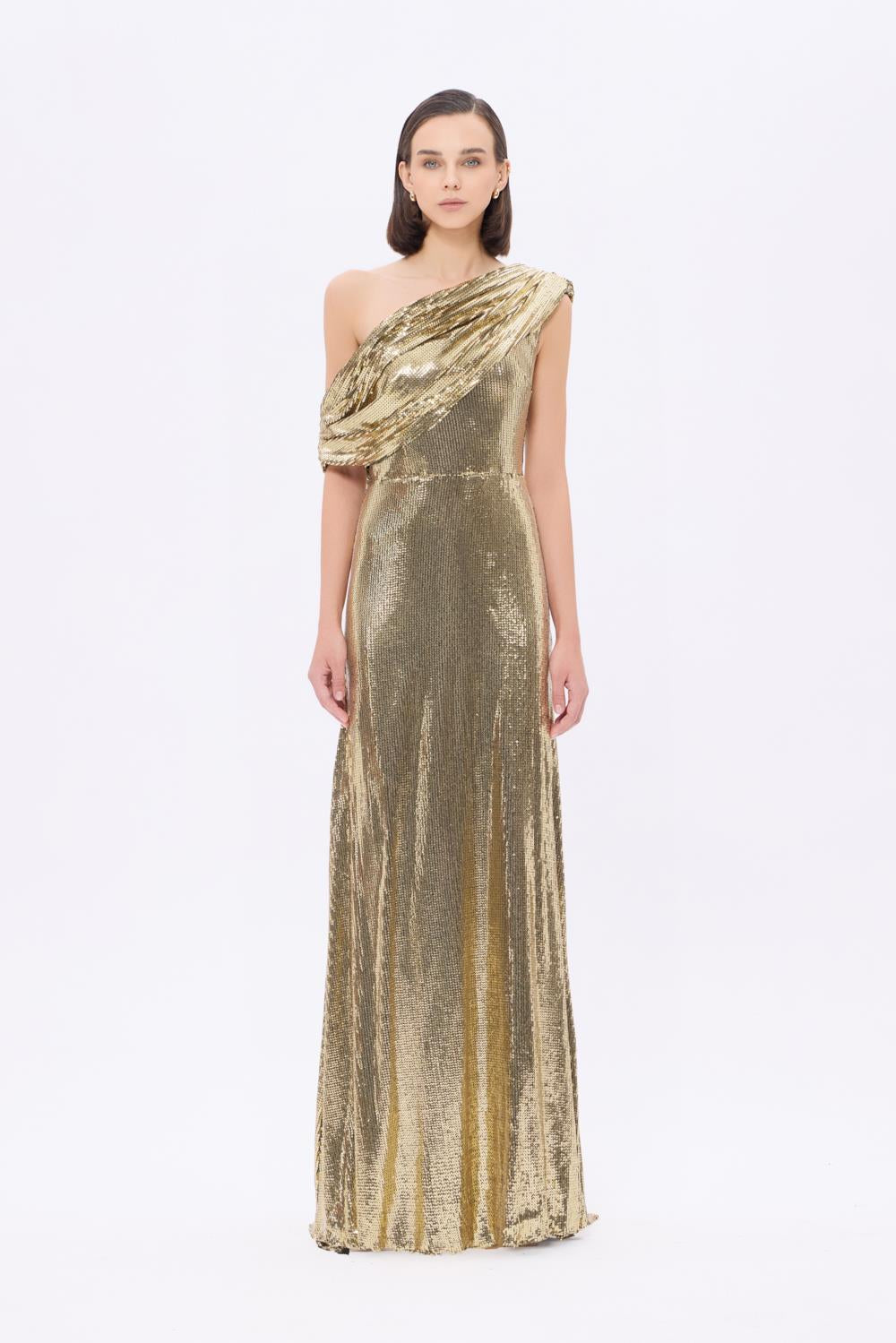 Asimetrik Yaka Payetli Uzun Abiye Elbise - 9305C - Yeşil Gold