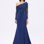 İşleme Detaylı Yırtmaçlı Uzun Abiye Elbise - 9342C - LACİVERT