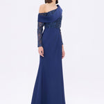 İşleme Detaylı Yırtmaçlı Uzun Abiye Elbise - 9342C - LACİVERT