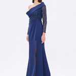 İşleme Detaylı Yırtmaçlı Uzun Abiye Elbise - 9342C - LACİVERT