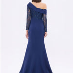 İşleme Detaylı Yırtmaçlı Uzun Abiye Elbise - 9342C - LACİVERT
