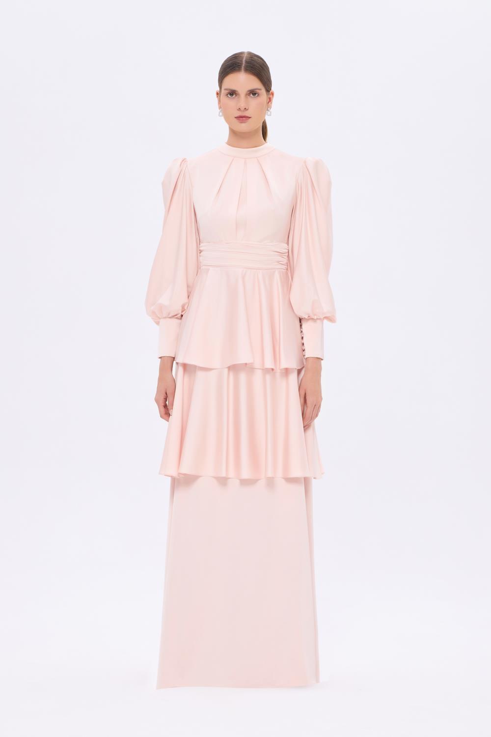 Balloon Sleeve Long Evening Dress with Flywheel Detail - 9363C