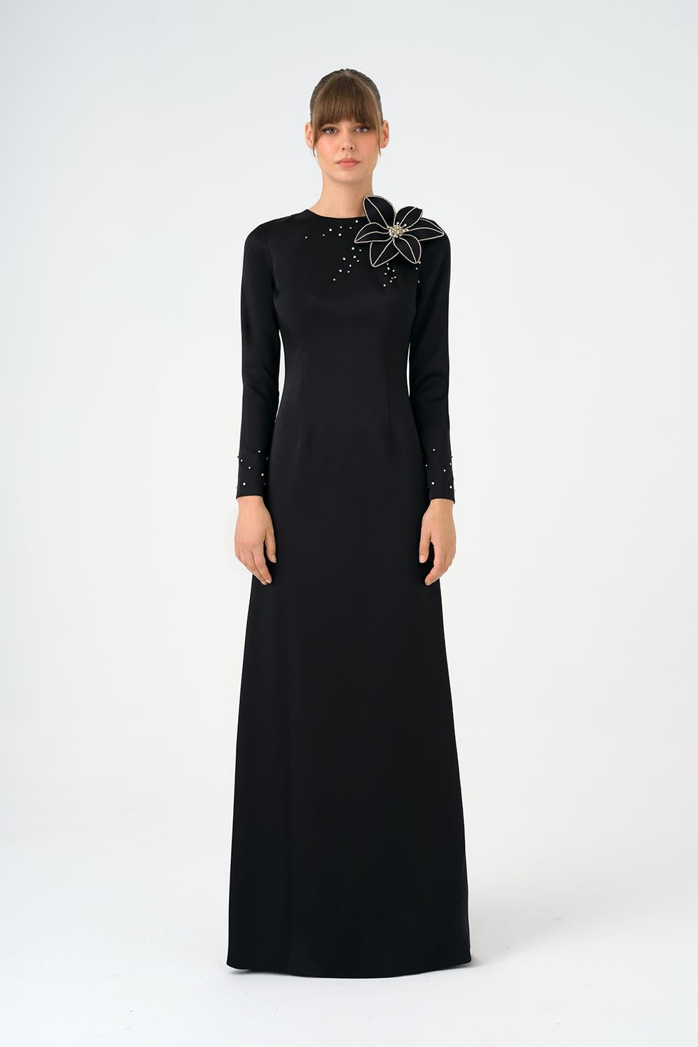Flower Detailed Narrow Cut Satin Long Evening Dress - 9079C