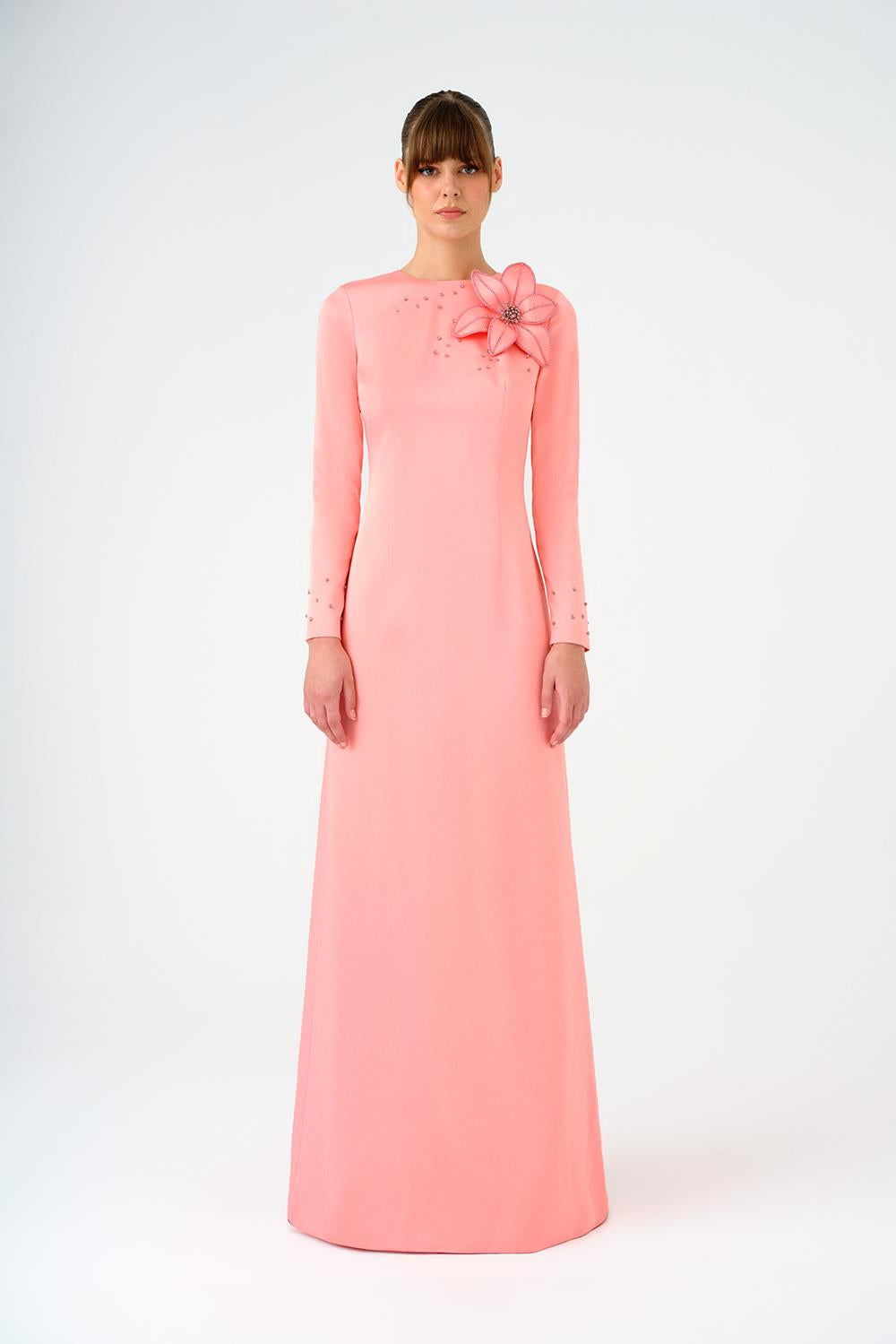 Çiçek Detaylı Dar Kesim Saten Uzun Abiye Elbise - 9079C - PEMBE