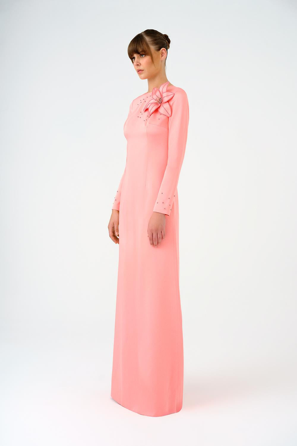 Çiçek Detaylı Dar Kesim Saten Uzun Abiye Elbise - 9079C - PEMBE