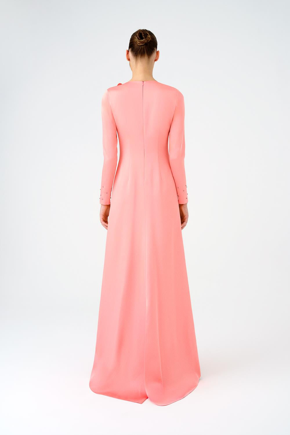 Çiçek Detaylı Dar Kesim Saten Uzun Abiye Elbise - 9079C - PEMBE
