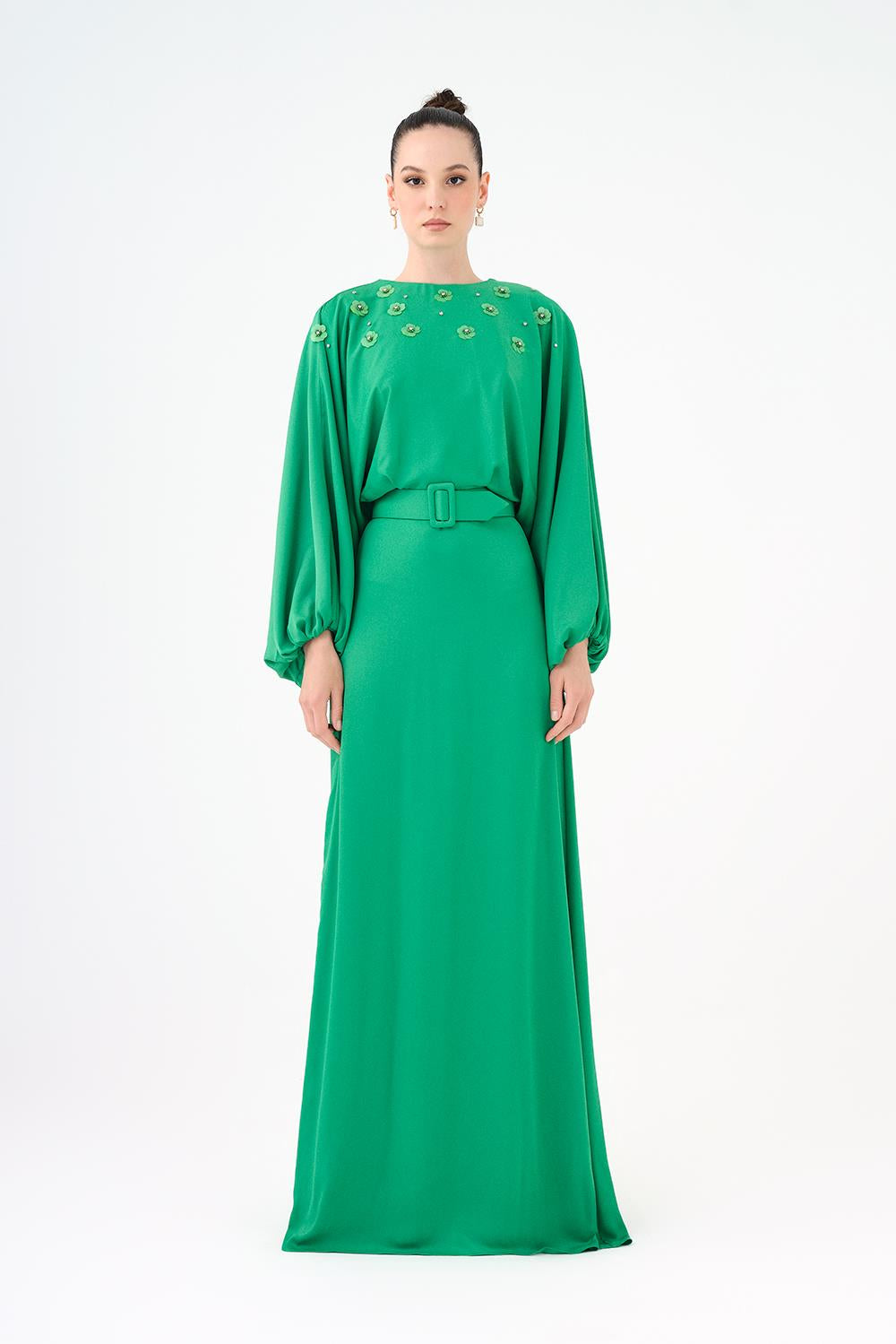 Flower Embroidered Belted Satin Long Evening Dress - 9075C