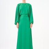 Flower Embroidered Belted Satin Long Evening Dress - 9075C