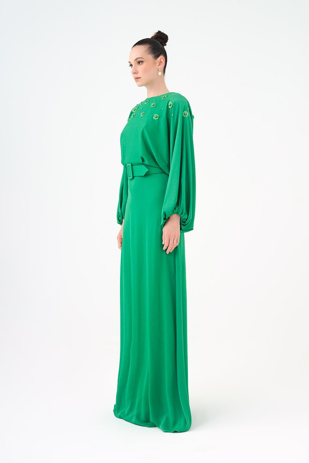 Flower Embroidered Belted Satin Long Evening Dress - 9075C