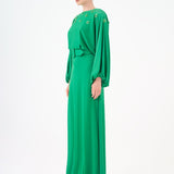 Flower Embroidered Belted Satin Long Evening Dress - 9075C