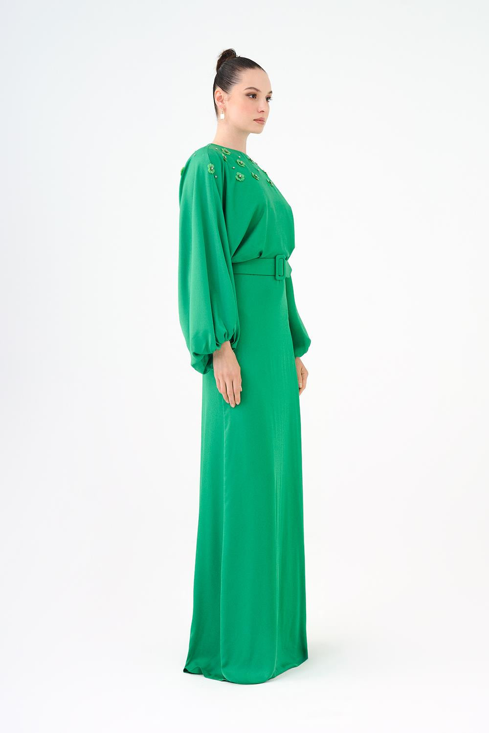 Flower Embroidered Belted Satin Long Evening Dress - 9075C