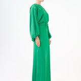 Flower Embroidered Belted Satin Long Evening Dress - 9075C