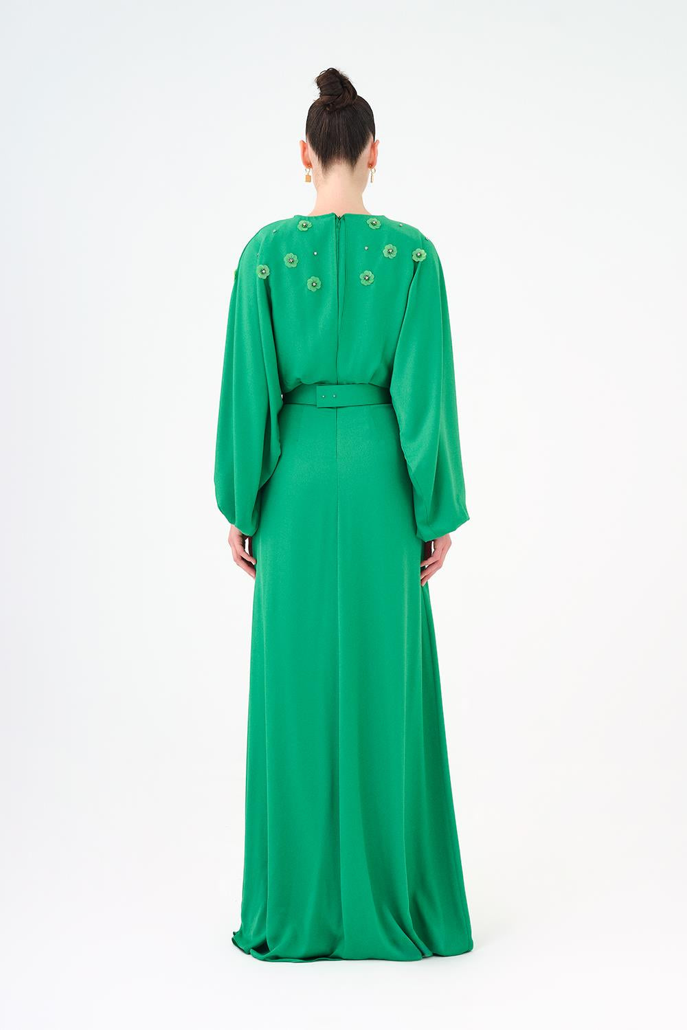 Flower Embroidered Belted Satin Long Evening Dress - 9075C