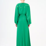 Flower Embroidered Belted Satin Long Evening Dress - 9075C