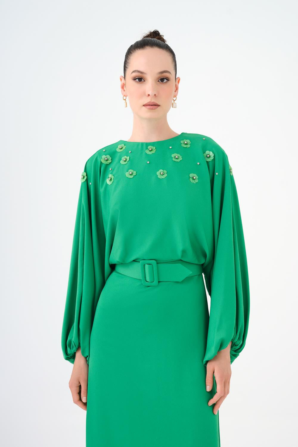 Flower Embroidered Belted Satin Long Evening Dress - 9075C