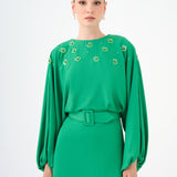 Flower Embroidered Belted Satin Long Evening Dress - 9075C