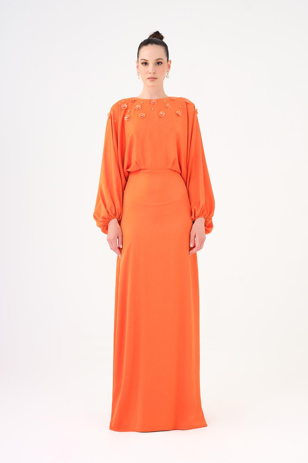 Flower Embroidered Belted Satin Long Evening Dress - 9075C
