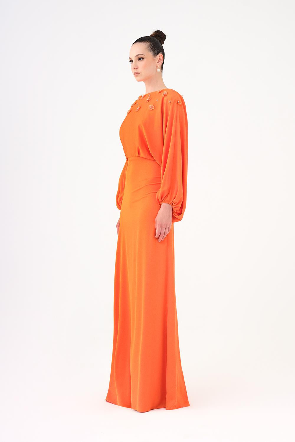 Flower Embroidered Belted Satin Long Evening Dress - 9075C