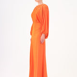Flower Embroidered Belted Satin Long Evening Dress - 9075C