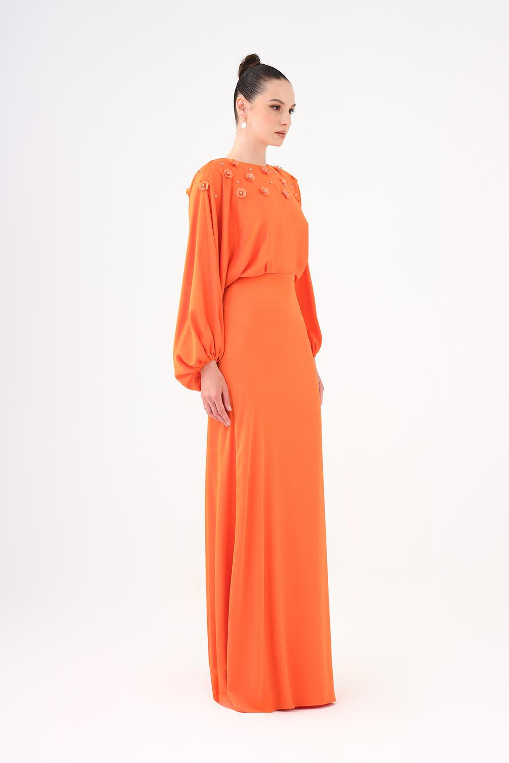 Flower Embroidered Belted Satin Long Evening Dress - 9075C