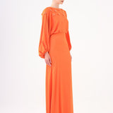 Flower Embroidered Belted Satin Long Evening Dress - 9075C