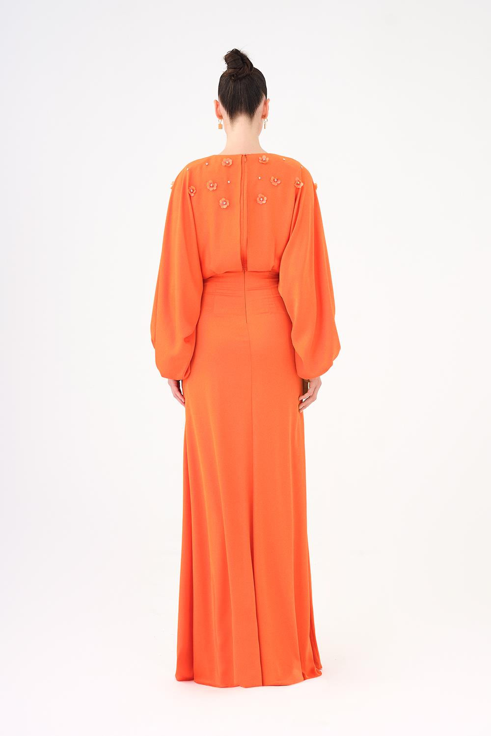 Flower Embroidered Belted Satin Long Evening Dress - 9075C