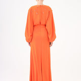 Flower Embroidered Belted Satin Long Evening Dress - 9075C