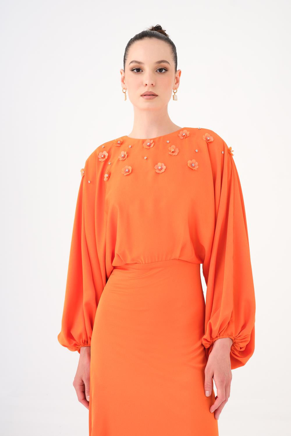 Flower Embroidered Belted Satin Long Evening Dress - 9075C