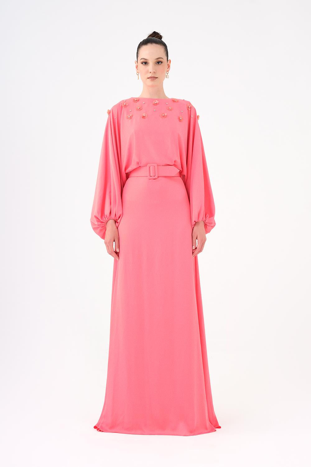 Flower Embroidered Belted Satin Long Evening Dress - 9075C