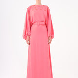 Flower Embroidered Belted Satin Long Evening Dress - 9075C