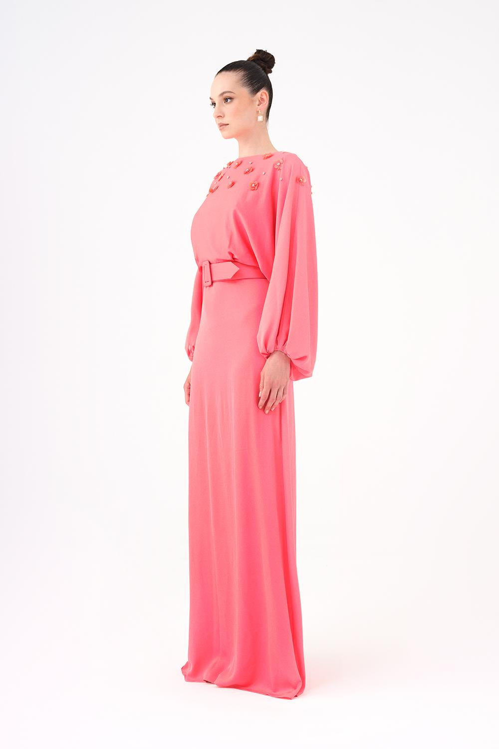 Flower Embroidered Belted Satin Long Evening Dress - 9075C