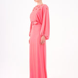 Flower Embroidered Belted Satin Long Evening Dress - 9075C