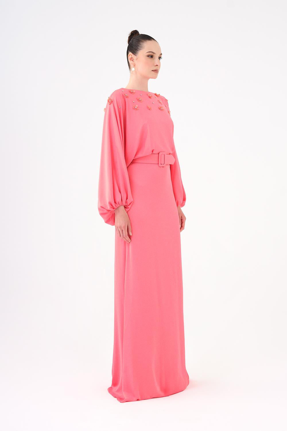 Flower Embroidered Belted Satin Long Evening Dress - 9075C