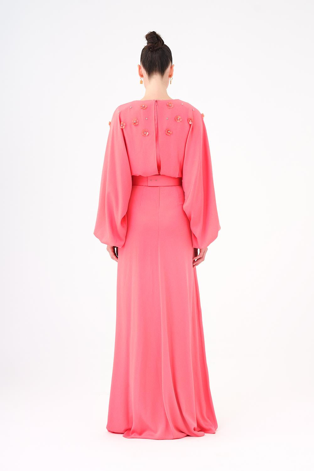 Flower Embroidered Belted Satin Long Evening Dress - 9075C